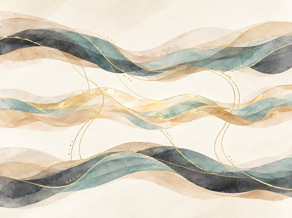 Three layered watercolor bands connected by fine gold lines through the middle band
